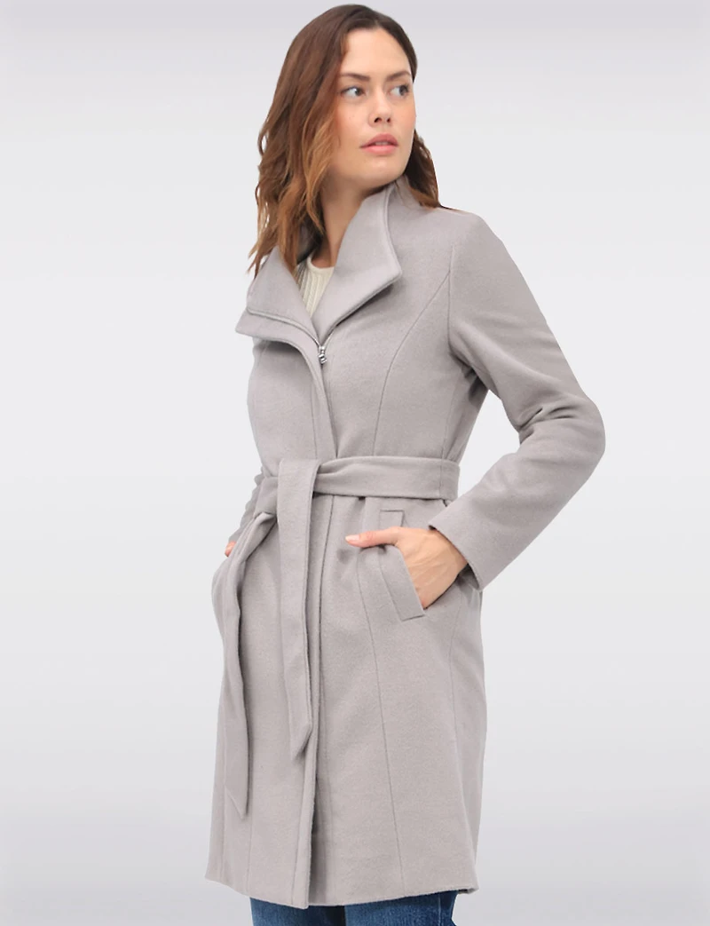 Sophisticated Wool Blend Zip Front Coat with Belt and Large Collar by Cole Haan