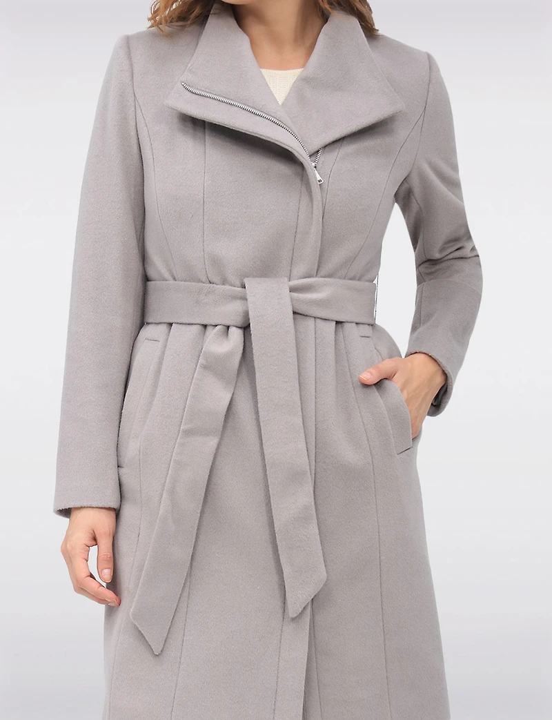 Sophisticated Wool Blend Zip Front Coat with Belt and Large Collar by Cole Haan