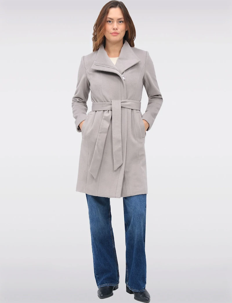 Sophisticated Wool Blend Zip Front Coat with Belt and Large Collar by Cole Haan