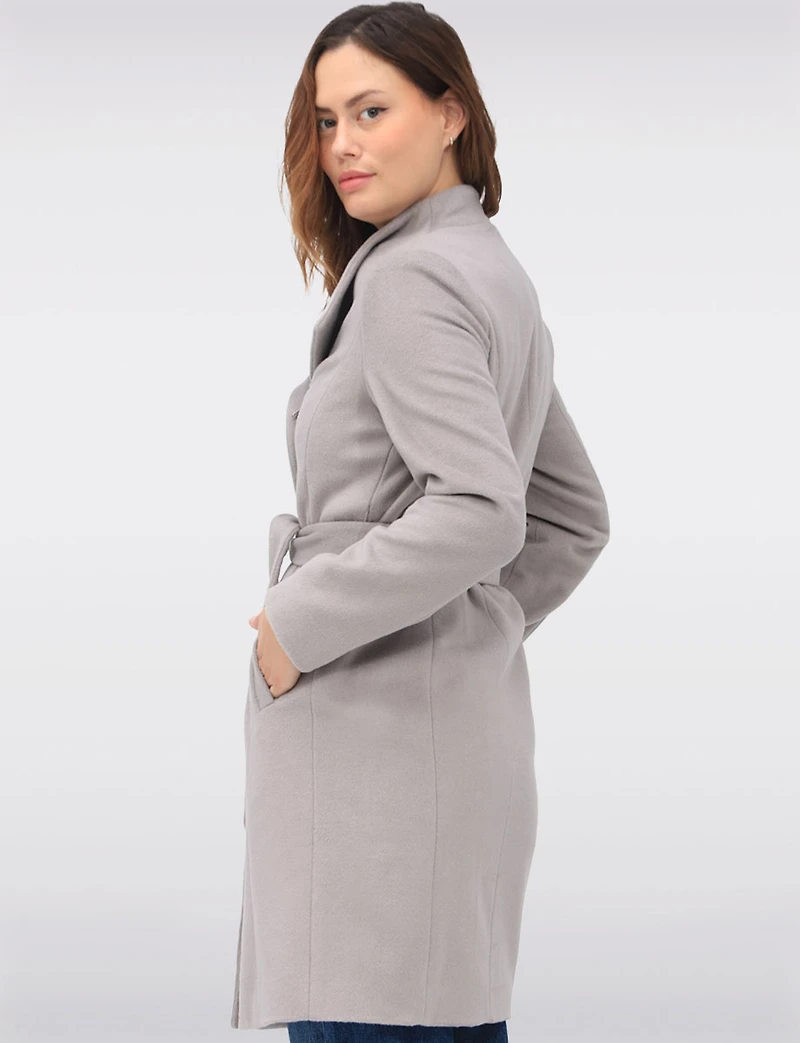 Sophisticated Wool Blend Zip Front Coat with Belt and Large Collar by Cole Haan