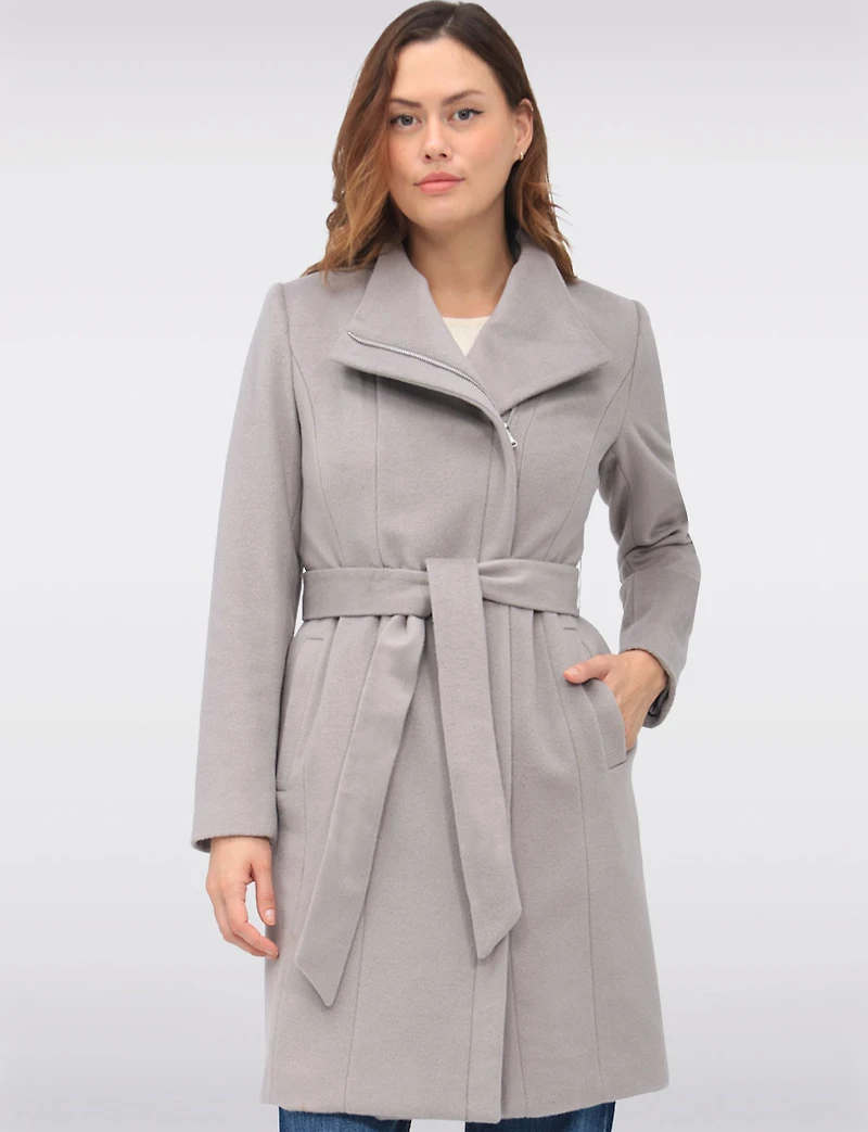 Sophisticated Wool Blend Zip Front Coat with Belt and Large Collar by Cole Haan