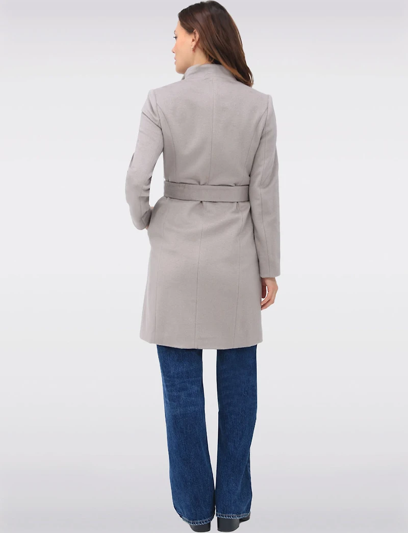 Sophisticated Wool Blend Zip Front Coat with Belt and Large Collar by Cole Haan