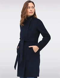 Sophisticated Wool Blend Zip Front Coat with Belt and Large Collar by Cole Haan