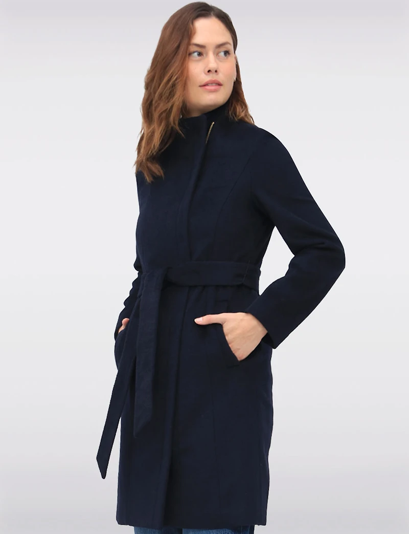 Sophisticated Wool Blend Zip Front Coat with Belt and Large Collar by Cole Haan