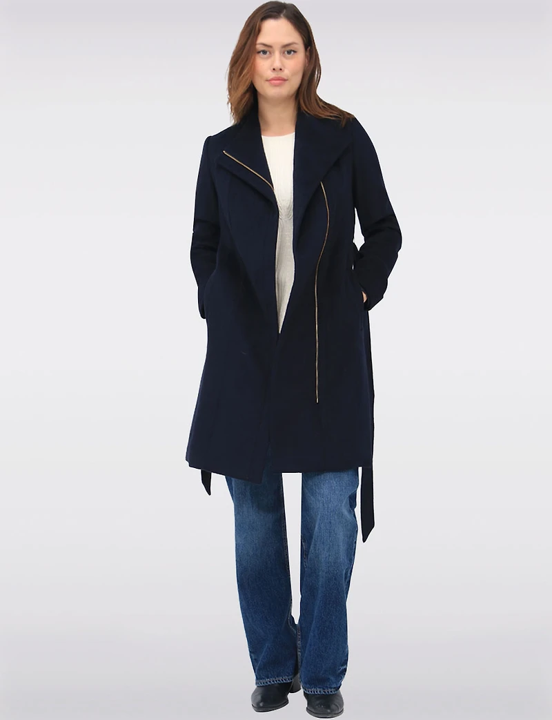 Sophisticated Wool Blend Zip Front Coat with Belt and Large Collar by Cole Haan