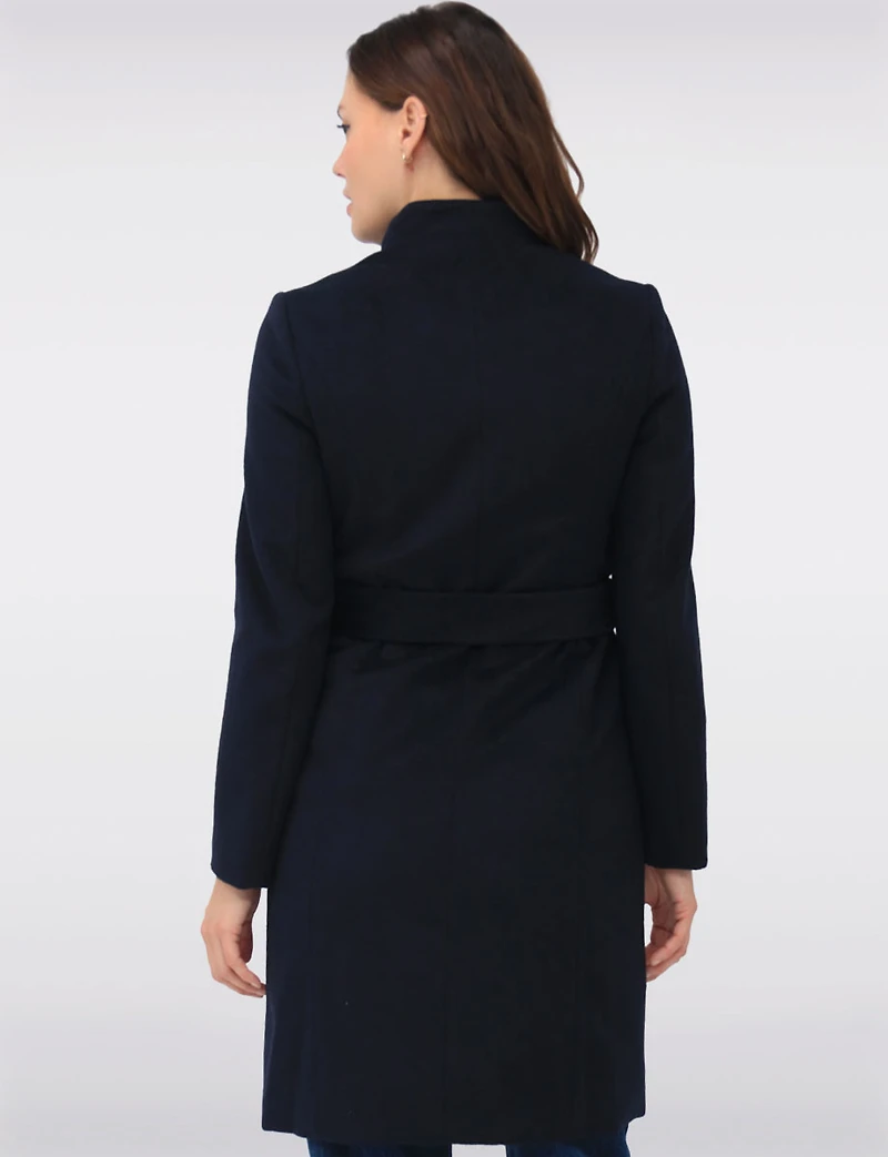 Sophisticated Wool Blend Zip Front Coat with Belt and Large Collar by Cole Haan