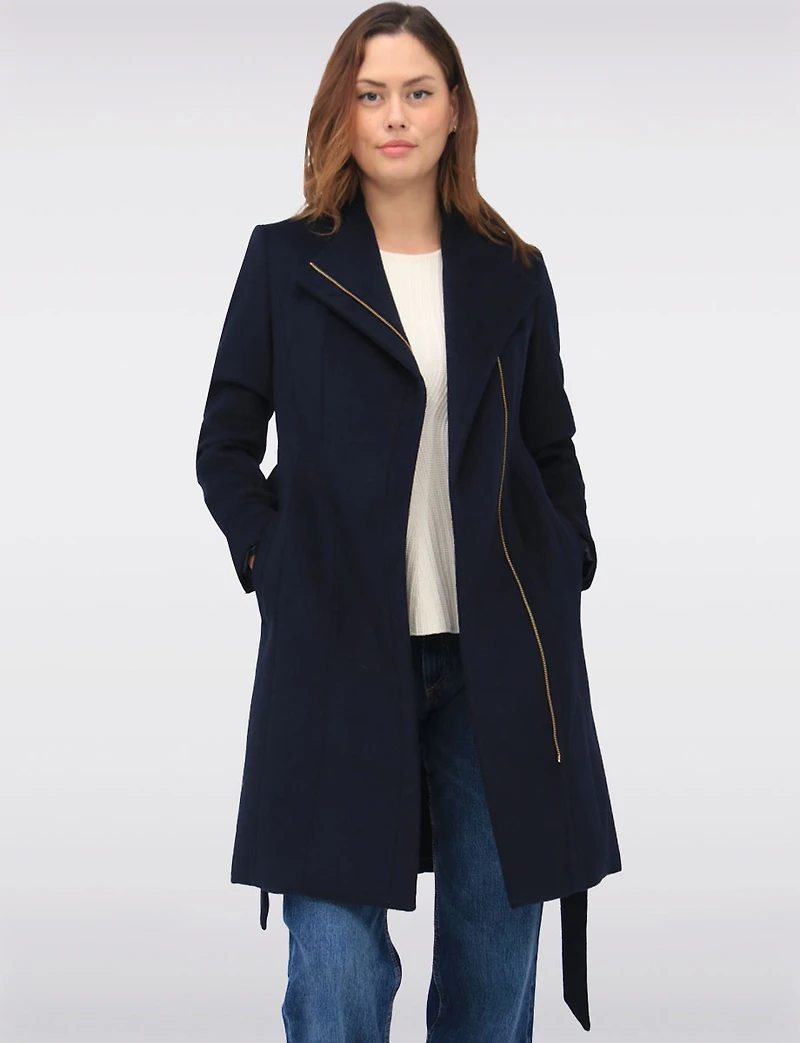 Sophisticated Wool Blend Zip Front Coat with Belt and Large Collar by Cole Haan