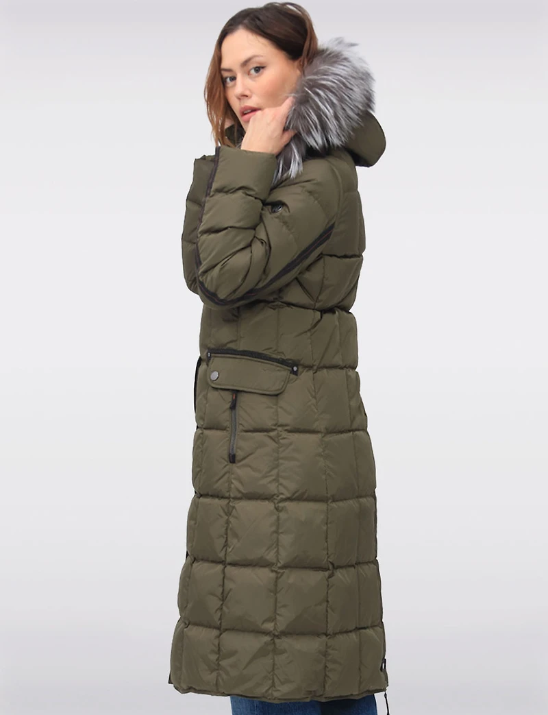 Luxurious Quilted Long Coat with Detachable Hood and Faux Fur Trim by Junge