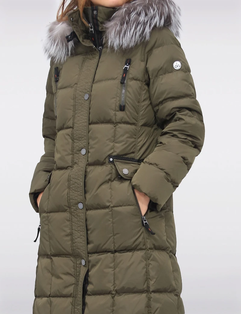 Luxurious Quilted Long Coat with Detachable Hood and Faux Fur Trim by Junge
