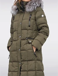 Luxurious Quilted Long Coat with Detachable Hood and Faux Fur Trim by Junge