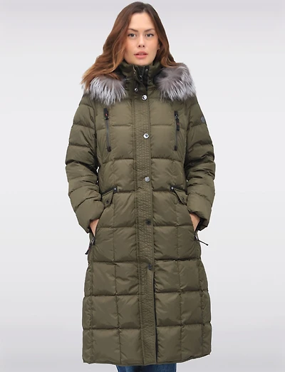 Luxurious Quilted Long Coat with Detachable Hood and Faux Fur Trim by Junge
