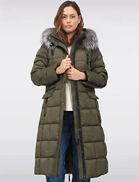 Luxurious Quilted Long Coat with Detachable Hood and Faux Fur Trim by Junge