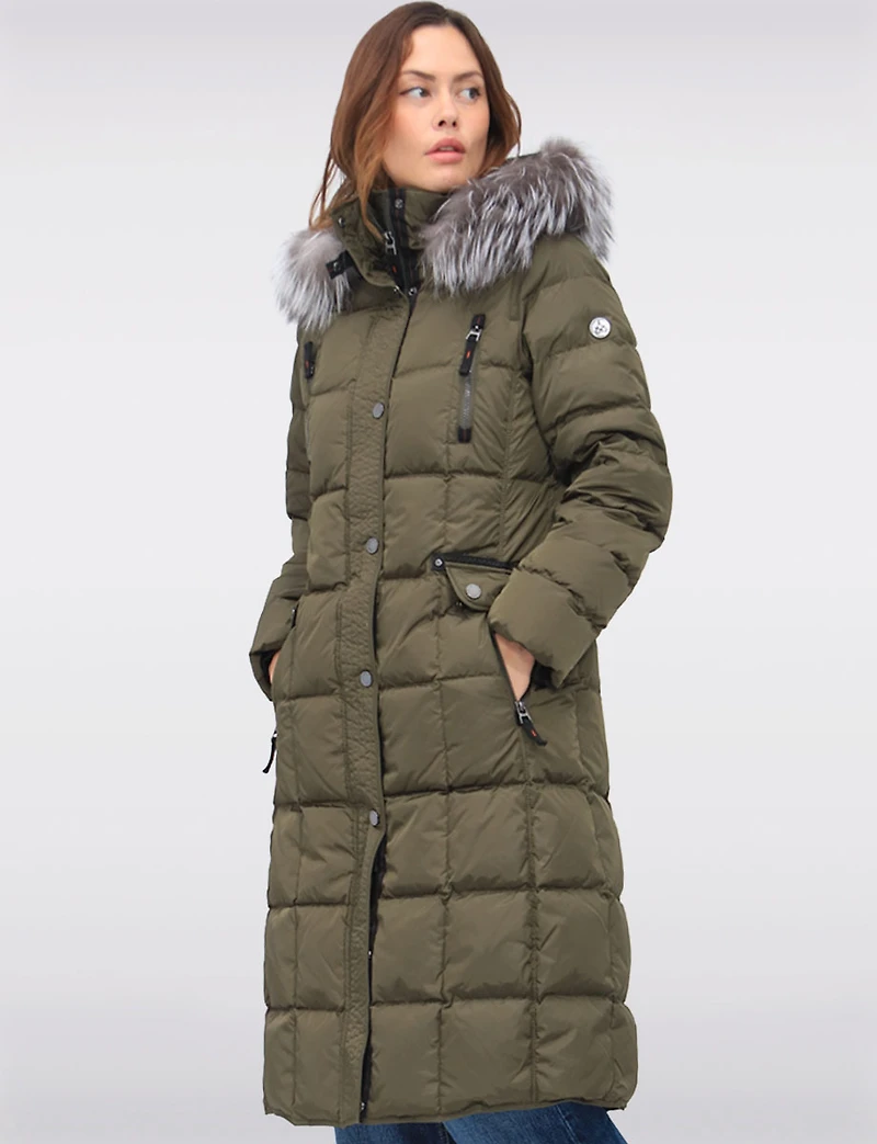 Luxurious Quilted Long Coat with Detachable Hood and Faux Fur Trim by Junge
