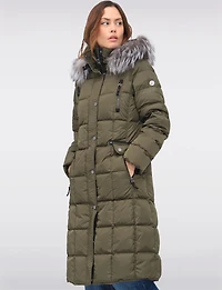 Luxurious Quilted Long Coat with Detachable Hood and Faux Fur Trim by Junge