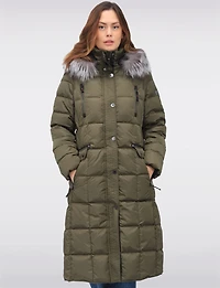 Luxurious Quilted Long Coat with Detachable Hood and Faux Fur Trim by Junge