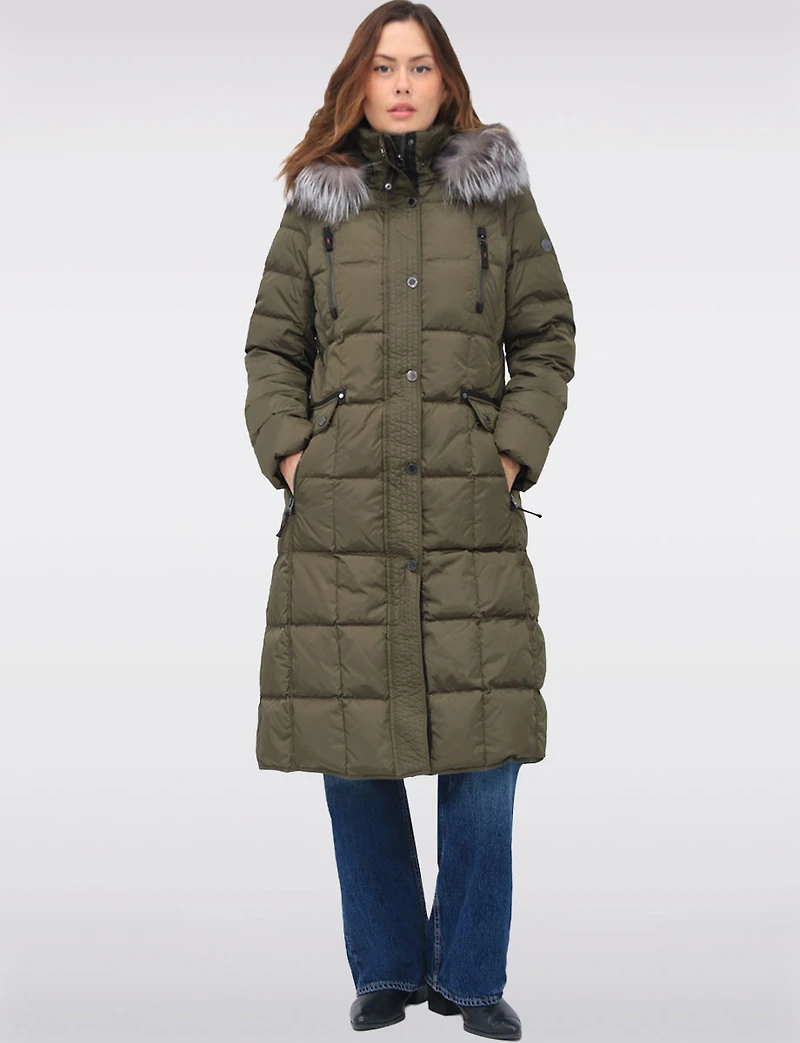 Luxurious Quilted Long Coat with Detachable Hood and Faux Fur Trim by Junge