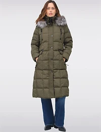 Luxurious Quilted Long Coat with Detachable Hood and Faux Fur Trim by Junge