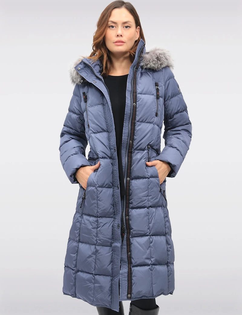 Luxurious Quilted Long Coat with Detachable Hood and Faux Fur Trim by Junge