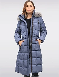 Luxurious Quilted Long Coat with Detachable Hood and Faux Fur Trim by Junge