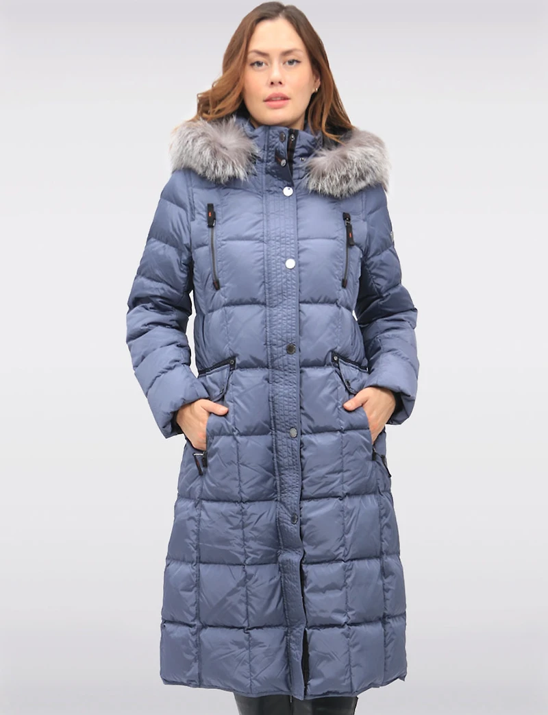 Luxurious Quilted Long Coat with Detachable Hood and Faux Fur Trim by Junge