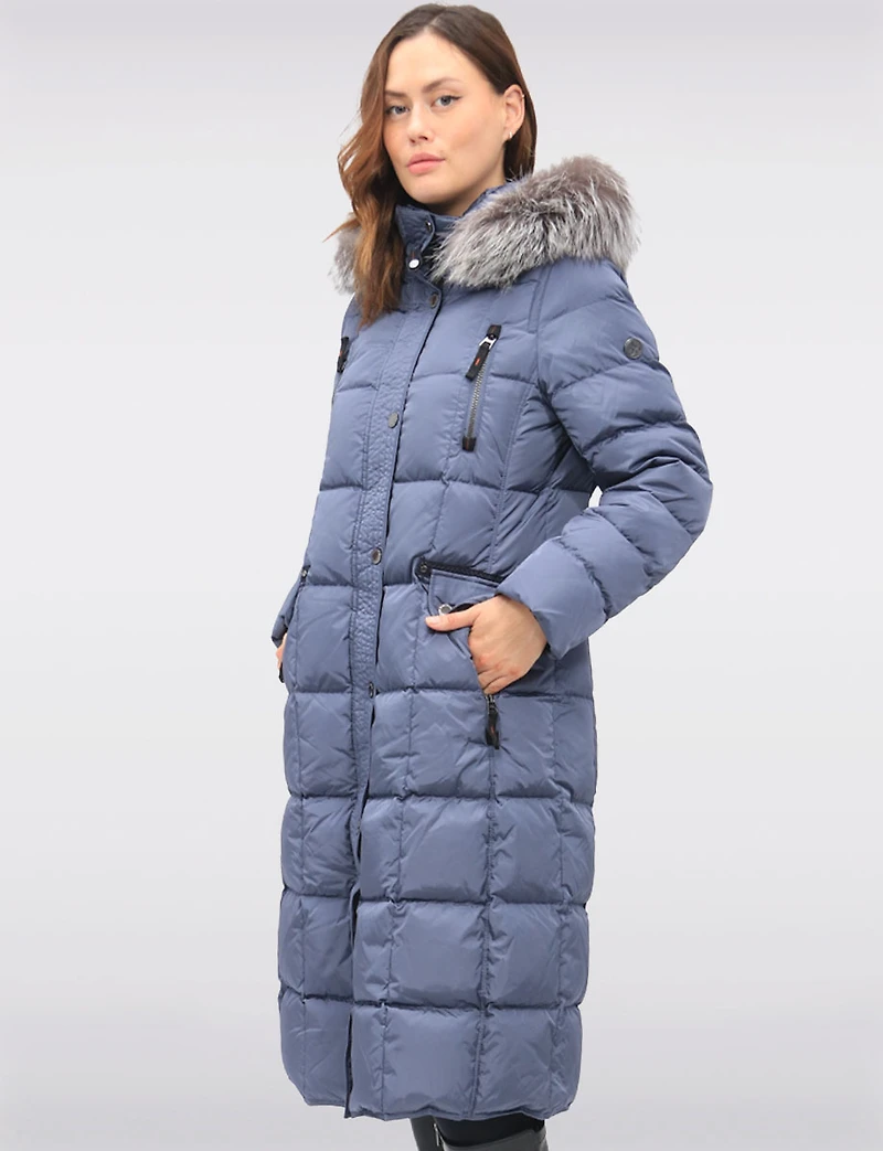 Luxurious Quilted Long Coat with Detachable Hood and Faux Fur Trim by Junge