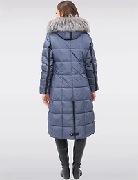 Luxurious Quilted Long Coat with Detachable Hood and Faux Fur Trim by Junge