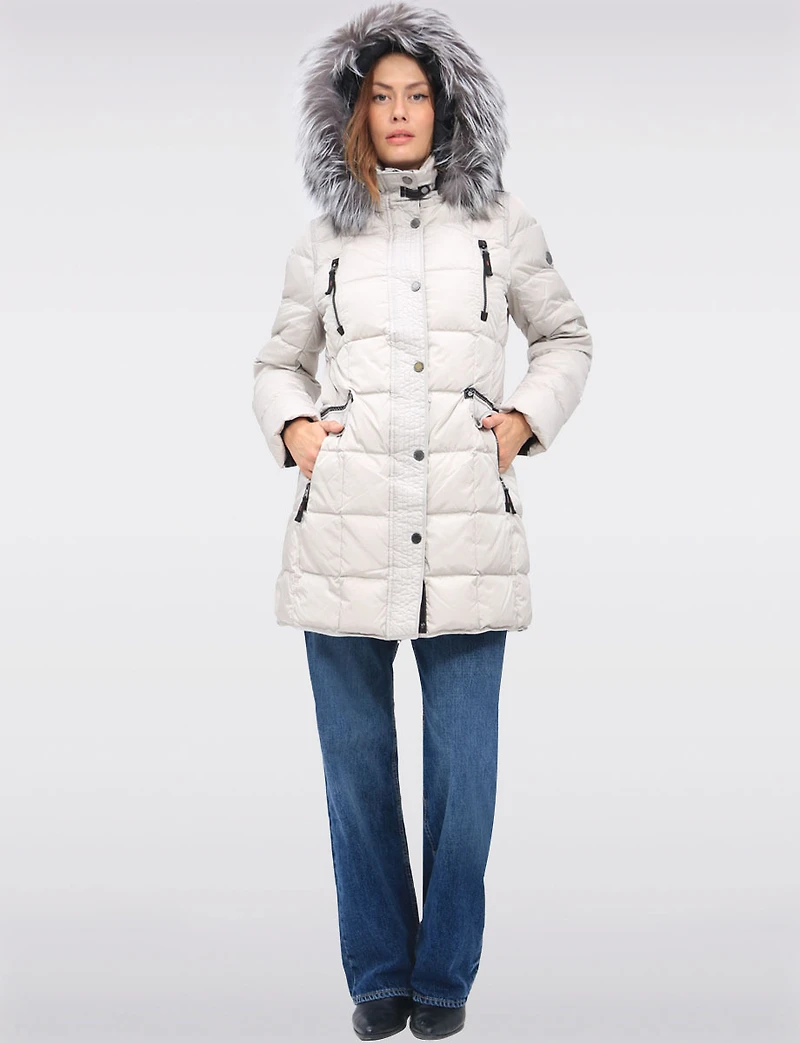 Luxurious Quilted Coat with Detachable Hood and Faux Fur Trim by Junge