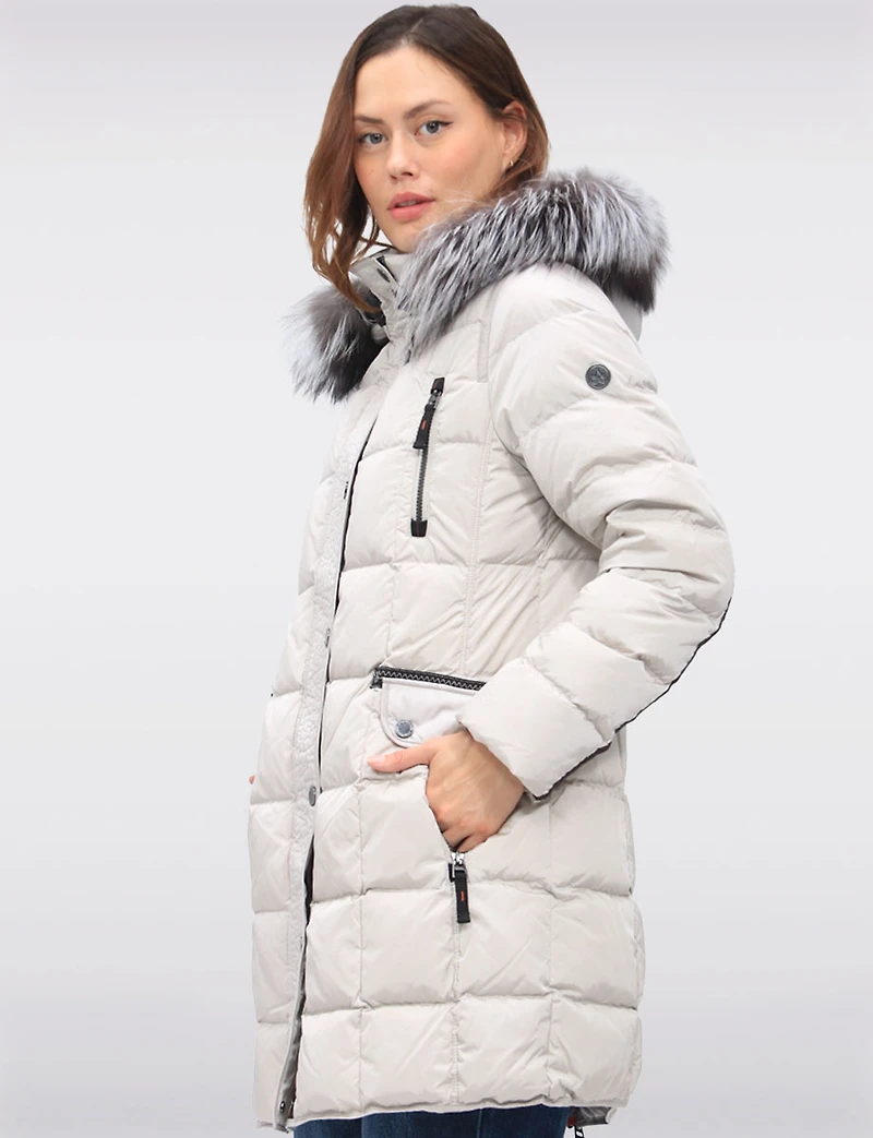 Luxurious Quilted Coat with Detachable Hood and Faux Fur Trim by Junge