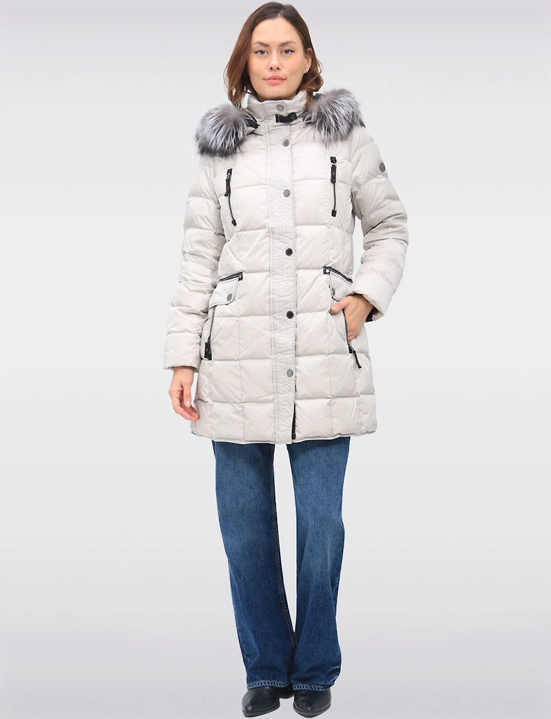 Luxurious Quilted Coat with Detachable Hood and Faux Fur Trim by Junge