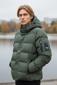 Vegan Puffer Jacket with Drawstrings at the Hem & Faux Fur Lining by Point Zero