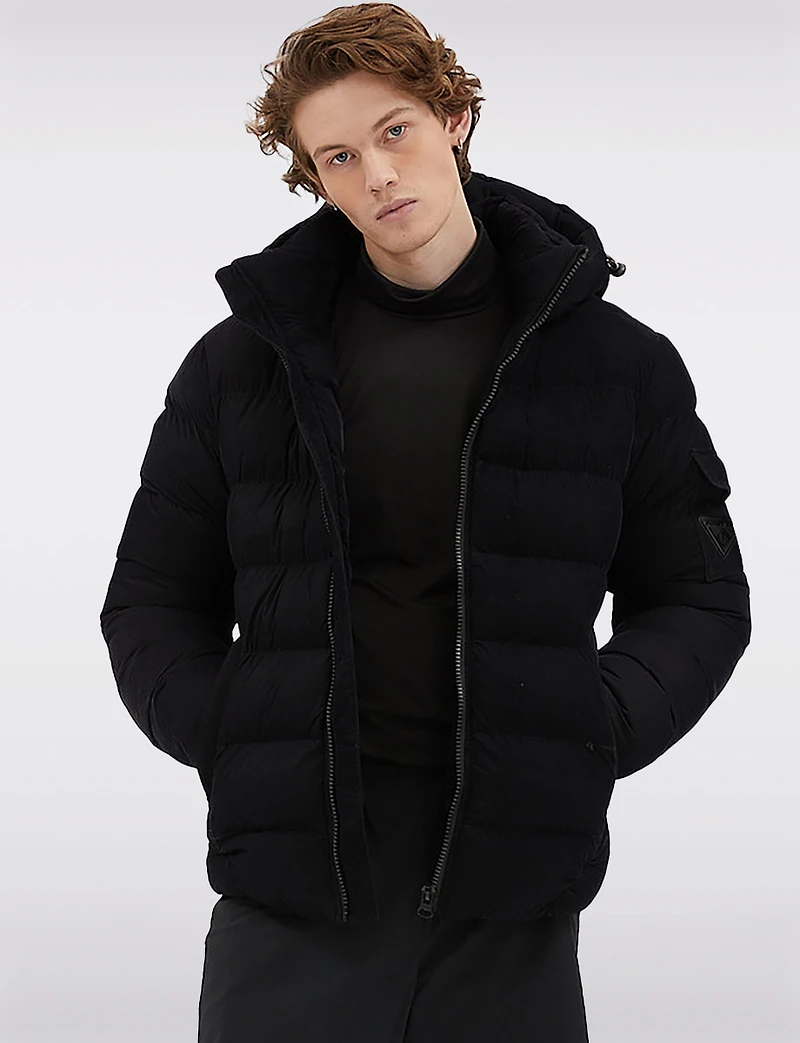 Vegan Corduroy Puffer Jacket with Removable Hood & Plush Lining by Point Zero