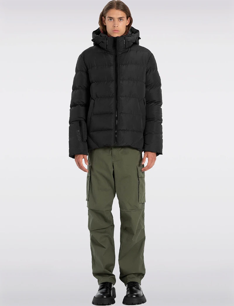 Vegan Hooded Wide Quilted Puffer Jacket with Touchless Tech Pocket by Point Zero