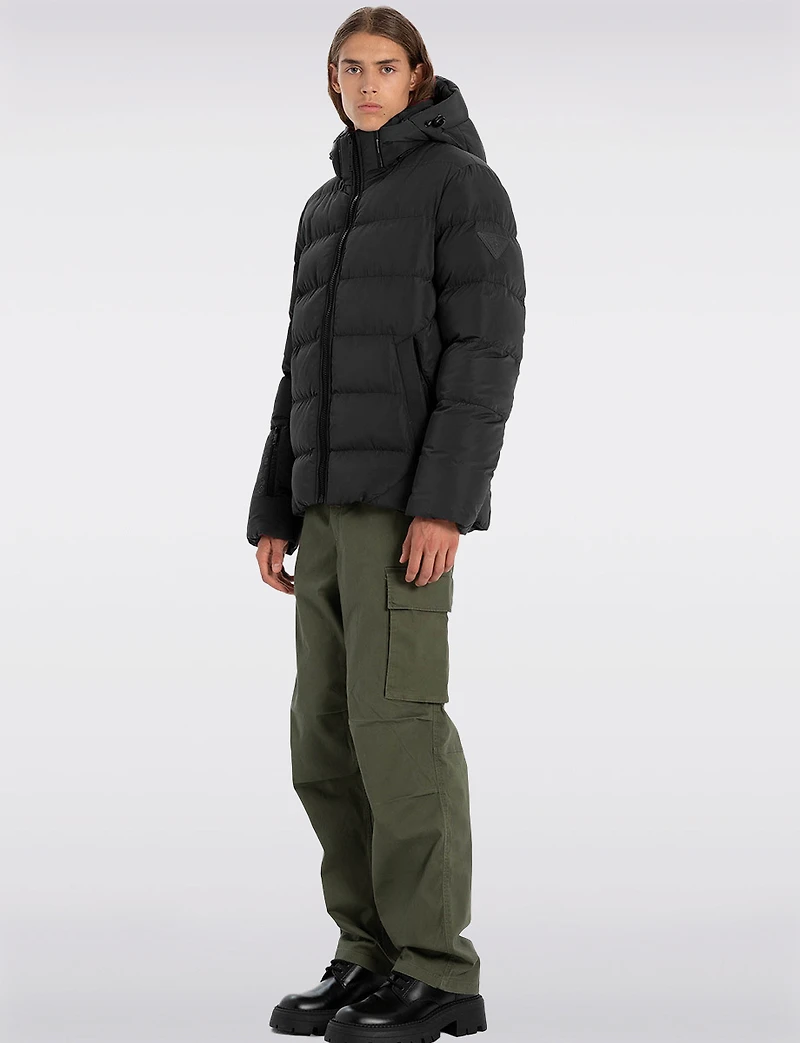 Vegan Hooded Wide Quilted Puffer Jacket with Touchless Tech Pocket by Point Zero