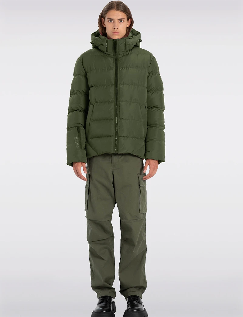 Vegan Hooded Wide Quilted Puffer Jacket with Touchless Tech Pocket by Point Zero