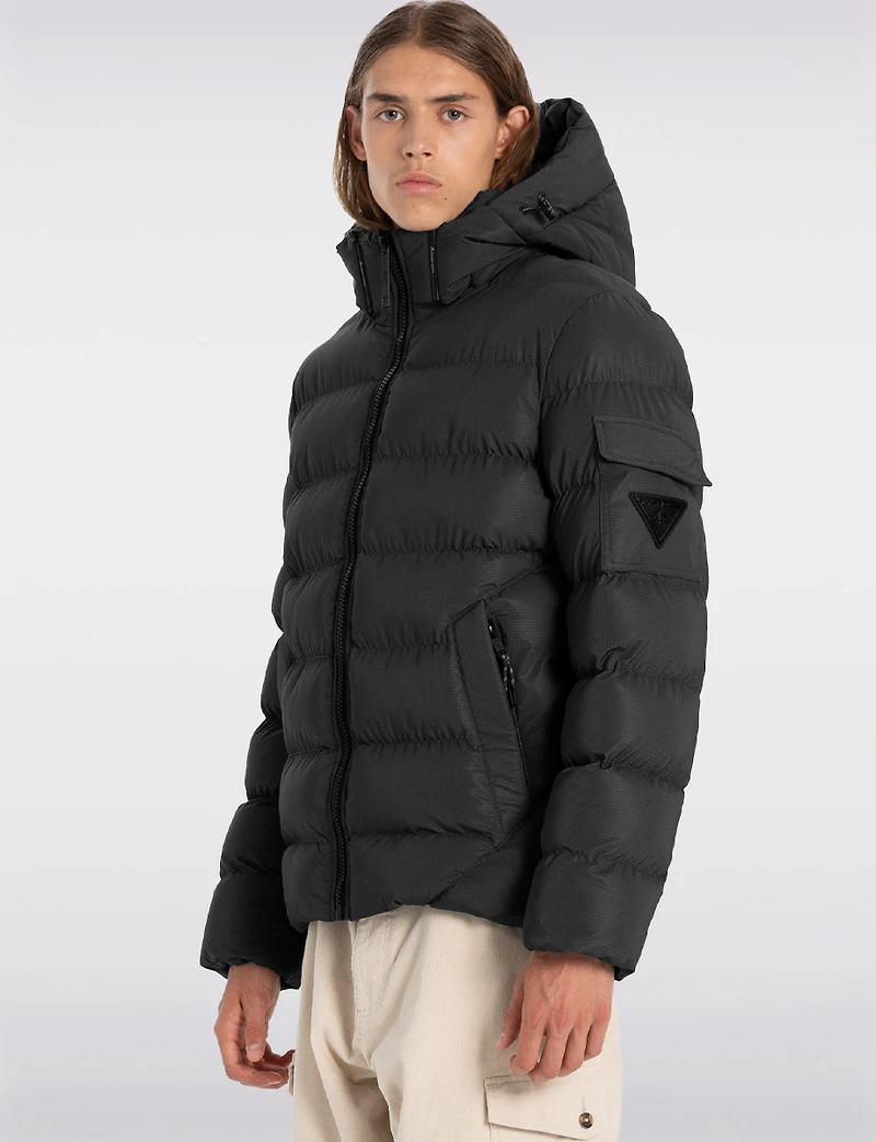 Sleek Eco-Down Puffer Jacket with Padded Hood & Backpack Straps by Point Zero
