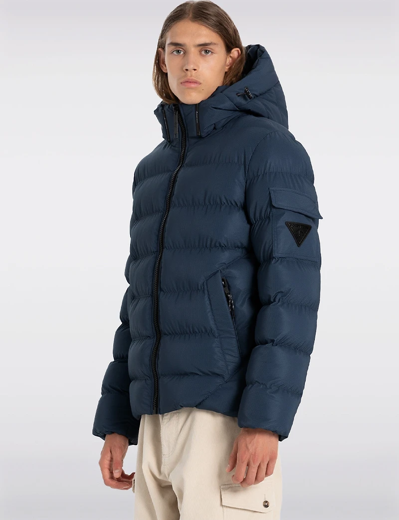 Sleek Eco-Down Puffer Jacket with Padded Hood & Backpack Straps by Point Zero