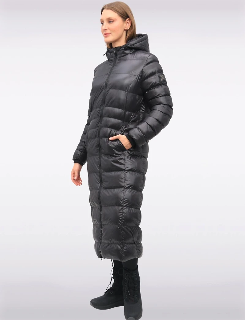 Long Straight Cut Vegan Lightweight Quilted Coat with Attached Hood by Oxygen