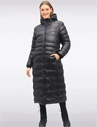 Long Straight Cut Vegan Lightweight Quilted Coat with Attached Hood by Oxygen