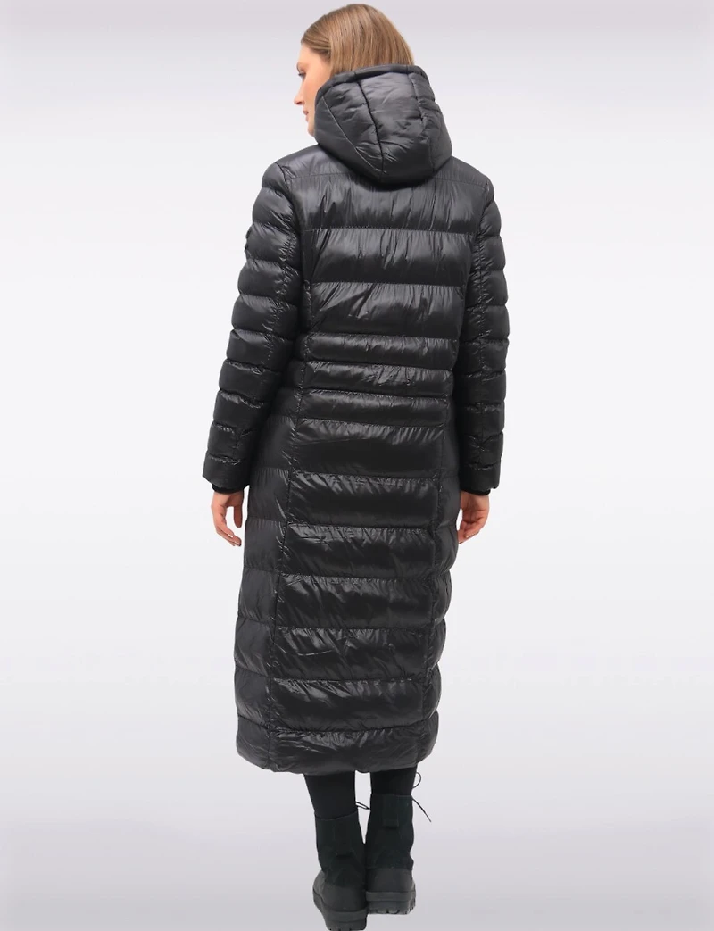 Long Straight Cut Vegan Lightweight Quilted Coat with Attached Hood by Oxygen
