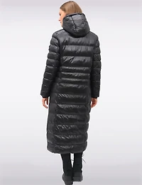 Long Straight Cut Vegan Lightweight Quilted Coat with Attached Hood by Oxygen