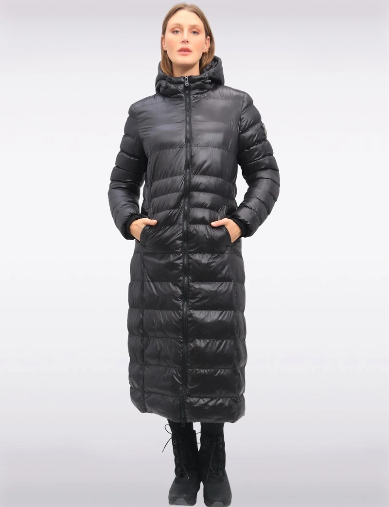 Long Straight Cut Vegan Lightweight Quilted Coat with Attached Hood by Oxygen