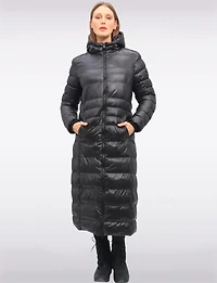 Long Straight Cut Vegan Lightweight Quilted Coat with Attached Hood by Oxygen