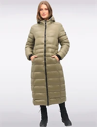 Long Straight Cut Vegan Lightweight Quilted Coat with Attached Hood by Oxygen