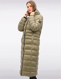Long Straight Cut Vegan Lightweight Quilted Coat with Attached Hood by Oxygen