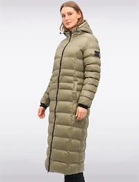 Long Straight Cut Vegan Lightweight Quilted Coat with Attached Hood by Oxygen