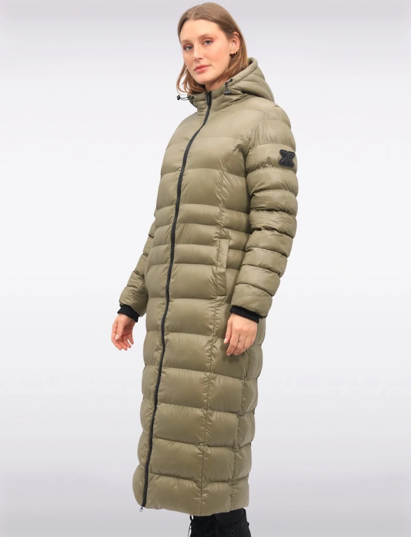 Long Straight Cut Vegan Lightweight Quilted Coat with Attached Hood by Oxygen
