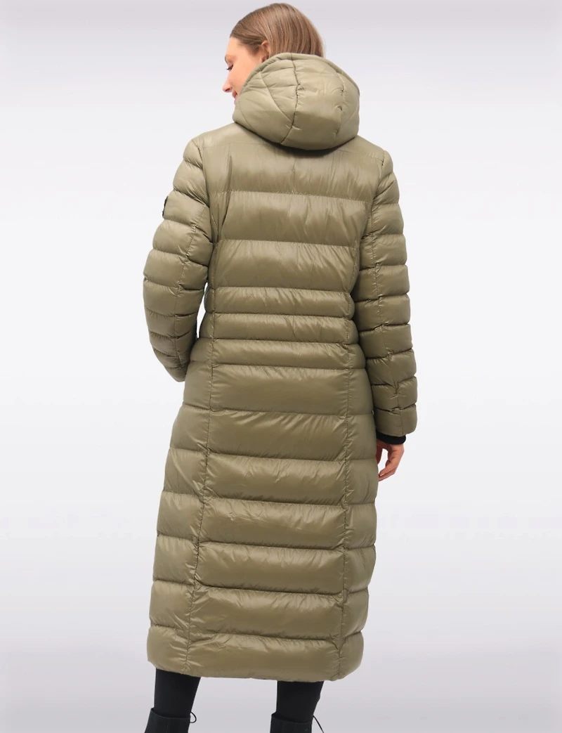 Long Straight Cut Vegan Lightweight Quilted Coat with Attached Hood by Oxygen