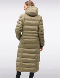 Long Straight Cut Vegan Lightweight Quilted Coat with Attached Hood by Oxygen