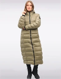 Long Straight Cut Vegan Lightweight Quilted Coat with Attached Hood by Oxygen
