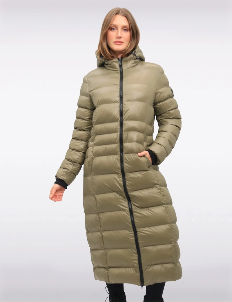 Long Straight Cut Vegan Lightweight Quilted Coat with Attached Hood by Oxygen